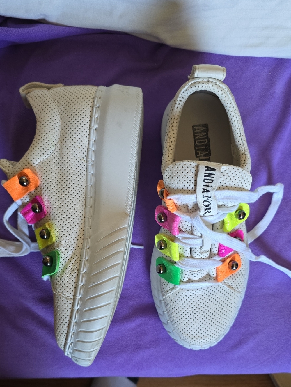 ANDiA FORA White Perforated Leather Platform Sneakers with Neon Eyelets